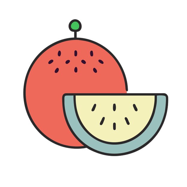 Ilustración de la fruta de la sandía en colores planos con icono de trazo de contorno de color