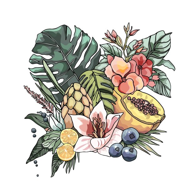 Vector ilustración de frutas flores y frutas tropicales flores de limón y papaia composición aislada