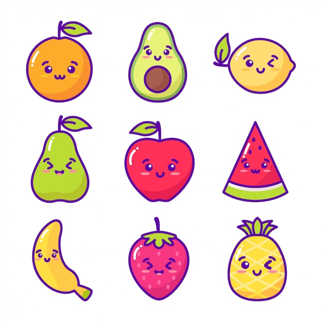 Vector ilustración de frutas kawaii