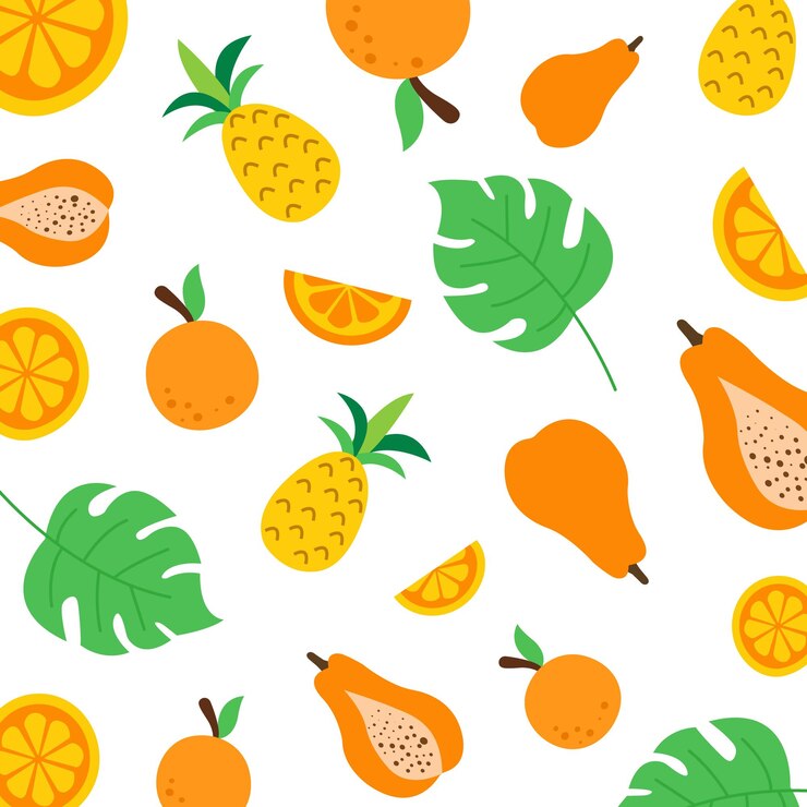 Ilustración de frutas tropicales con rebanadas y hojas de naranja de piña
