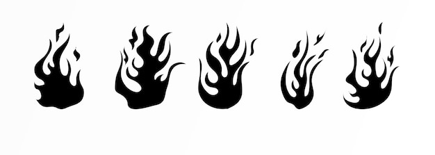 Vector ilustración de fuego dibujada a mano sobre fondo blanco para el diseño de elementos silueta de llamas en conjunto