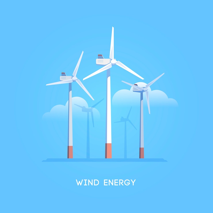 ilustración. Fuentes alternativas de energía. Energía verde. Molinos de viento