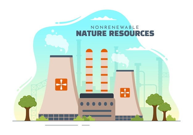 Ilustración de fuentes de energía no renovables con recursos naturales en plantillas dibujadas a mano de dibujos animados