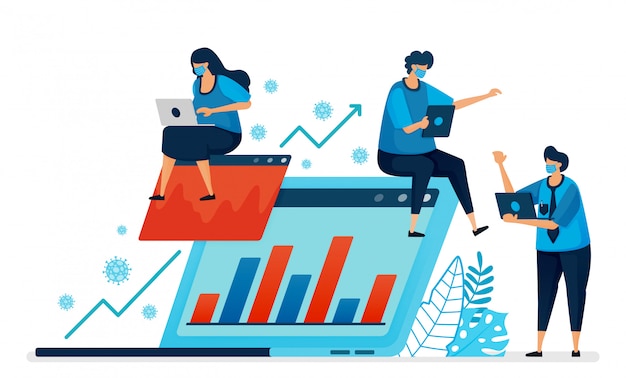 Ilustración del funcionamiento y aumento del rendimiento empresarial en una pandemia. Nuevo negocio coronómico normal. El diseño se puede utilizar para la página de destino, el sitio web, la aplicación móvil, el póster, los folletos y el banner.