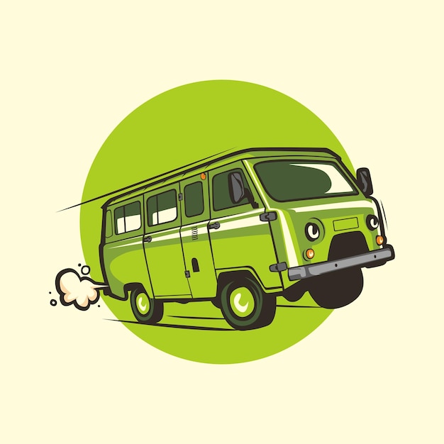 Ilustración de furgoneta vintage verde sobre un fondo de círculo verde
