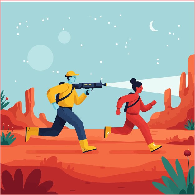 Ilustración futurista de una persecución en el desierto Figuras coloridas que corren