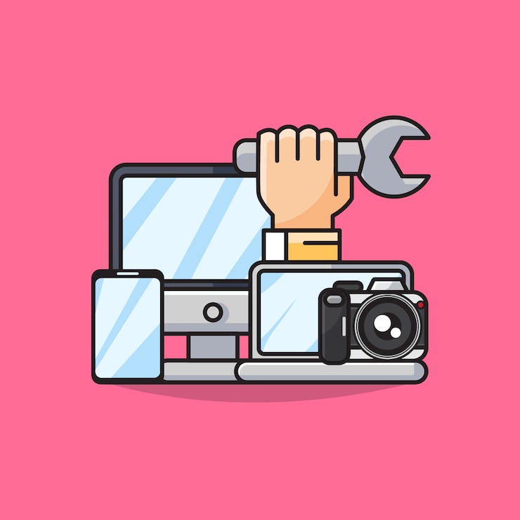 Vector ilustración del gadget de reparación con monitor, teléfono inteligente, computadora portátil y el icono de cámara digital.