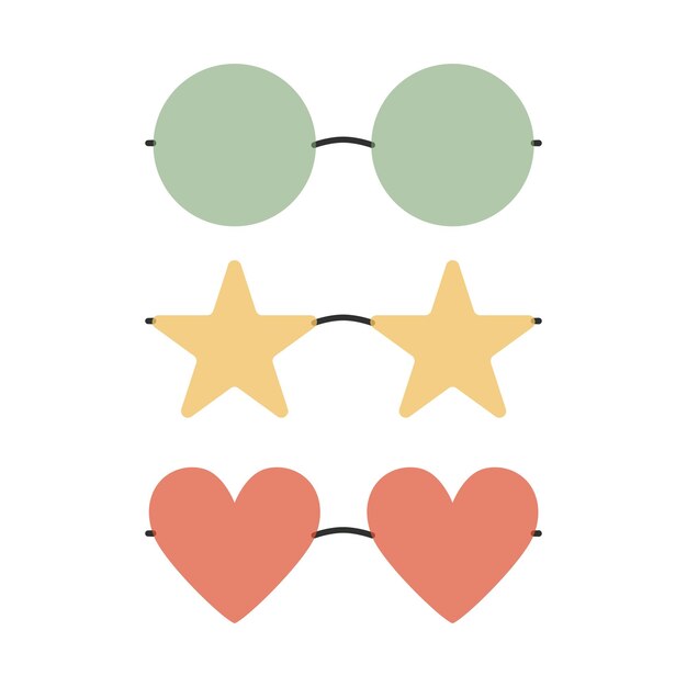 Ilustración de gafas de sol en forma de estrella de corazón redondo hippy boho de vector plano Elementos maravillosos retro dibujados a mano