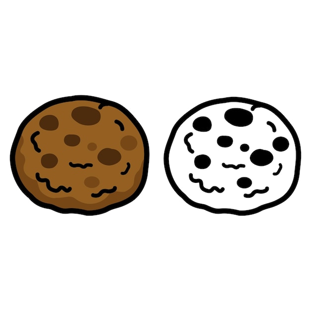 Vector ilustración de galletas de chispas de chocolate blancas y negras y coloridas aisladas para el libro de colorear