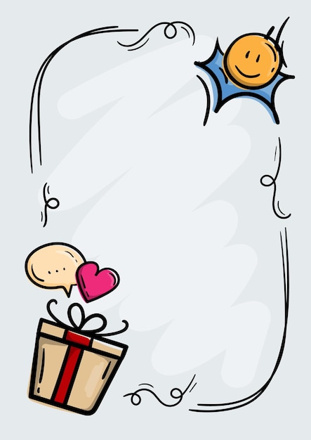 Ilustración de garabateo brillante marco dibujado a mano con mensaje de corazón de regalo y sonrisa para tarjeta de felicitación