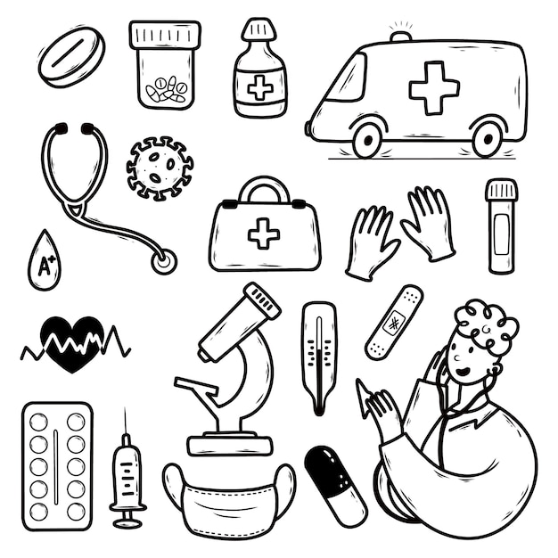 Ilustración de garabateo vectorial sobre temas de salud y medicina colección de elementos dibujados a mano