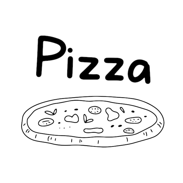 Ilustración de garabato de pizza Dibujo de contorno vectorial aislado en letras blancas