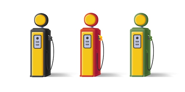 Vector ilustración de gasolinera de estilo retro con tabla de precios redonda y gráficos de estilo de renderizado suave 3d de manguera