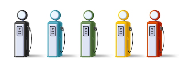 Ilustración de la gasolinera de estilo retro con tablero de precios redondo y manguera gráficos de estilo de renderización suave 3D en diferentes iconos de colores