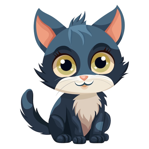 una ilustración de un gatito gris gracioso sentado y sonriendo en un fondo blanco
