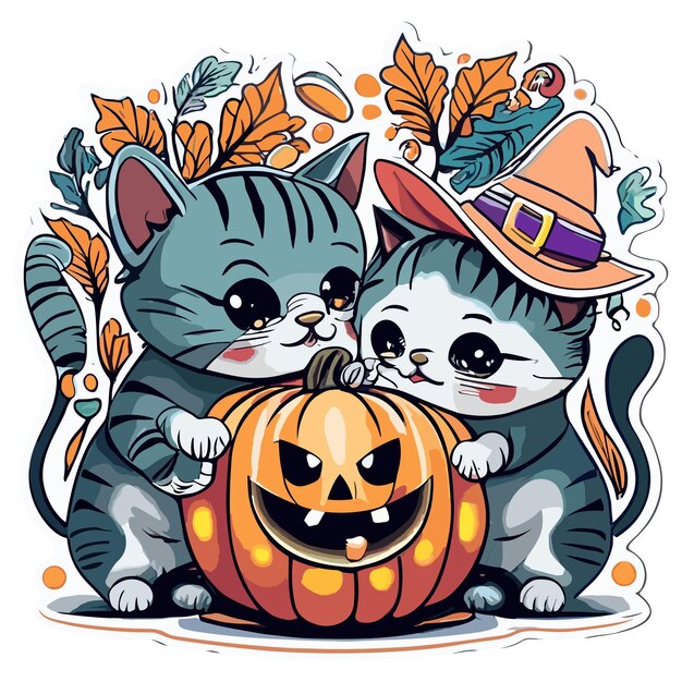 Vector ilustración gatitos kawaii jugando con una pequeña calabaza vinilo vista lateral de halloween