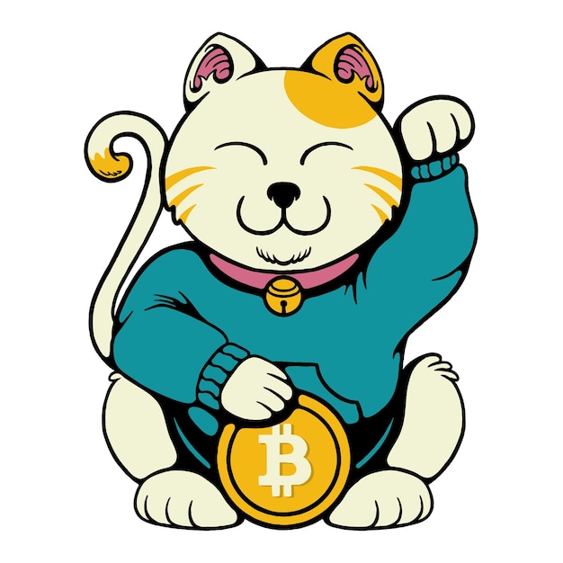 Ilustración de un gato afortunado con moneda Cryptocurrency