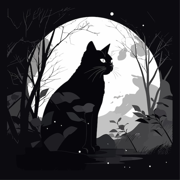 Ilustración de gato blanco y negro diseño vectorial logotipo de camiseta silhueta nocturna de gato oscuro brujo