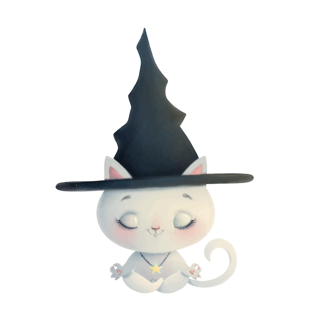 Ilustración de un gato de bruja de dibujos animados lindo meditando. yoga de halloween