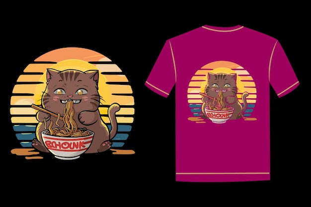 Ilustración de un gato comiendo nódulos en un diseño de camiseta circular