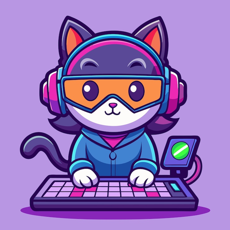 Vector una ilustración de un gato de dibujos animados que usa auriculares y un ratón con un ratón y un mouse