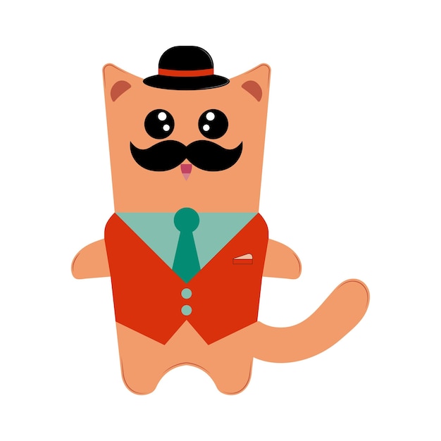 Ilustración de gato con disfraz, bigote y gorra.