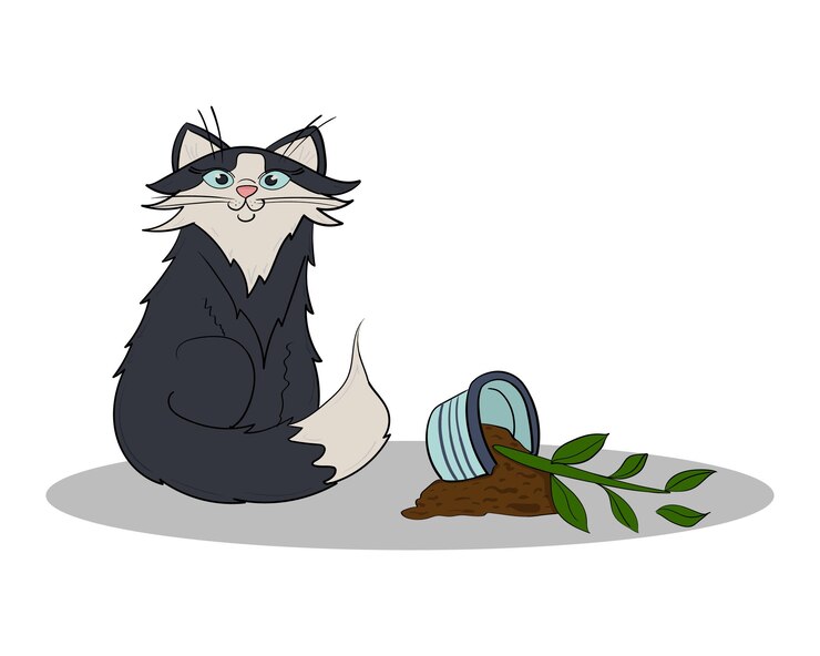 Ilustración de un gato doméstico con una maceta rota