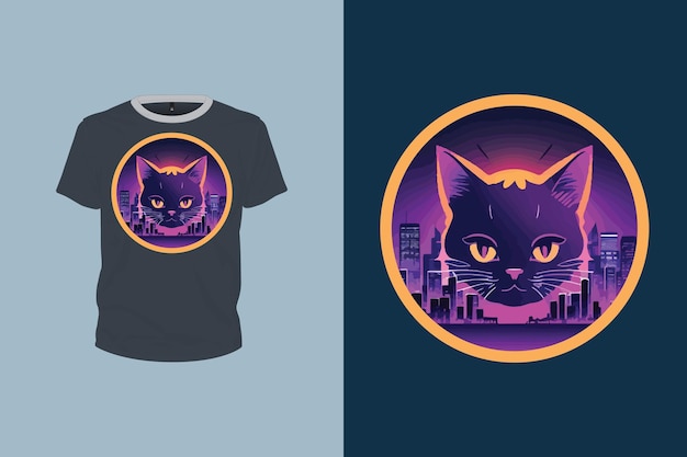 Ilustración de gato con efecto de neón redondeado para el diseño de camisetas archivo vectorial editable