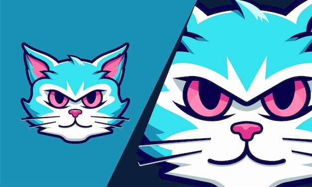 Vector ilustración de gato enojado en color azul en fondo azul de navi adecuada para logotipo, banner web, etc.