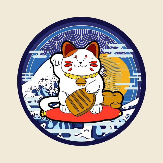 ilustración de gato con estilo japonés para evento kaijune, cuaderno, logo