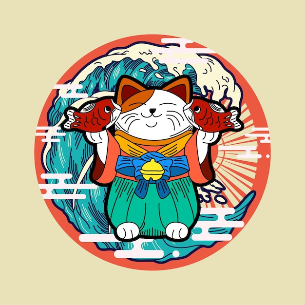 Ilustración de gato con estilo japonés para evento kaijune, cuaderno, logo