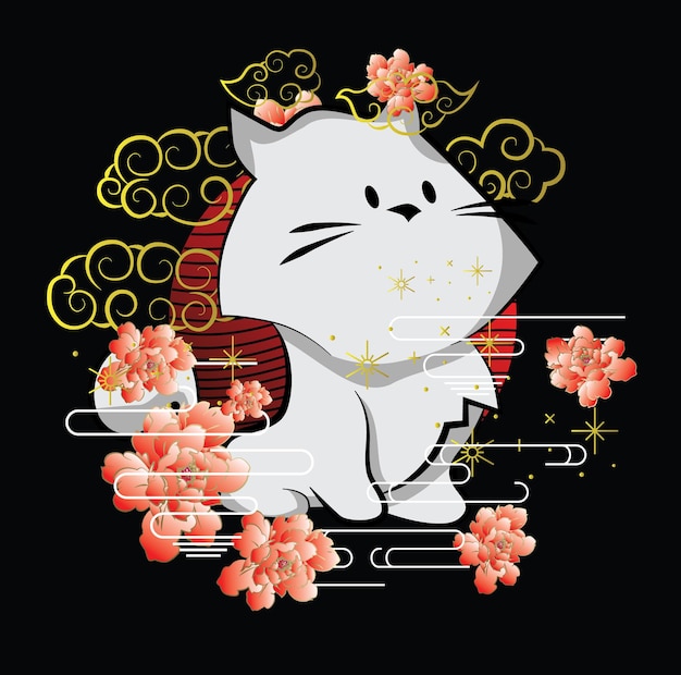Vector ilustración de gato con estilo japonés
