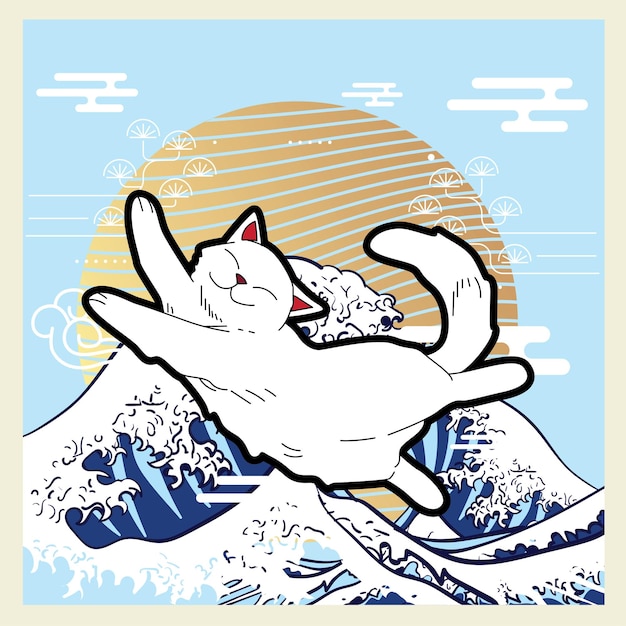 ilustración de gato con fondo de estilo japonés