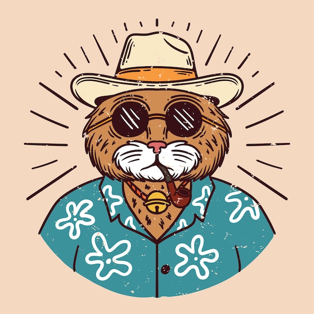 Ilustración de un gato fresco con sombrero con gafas de sol y fumando una pipa de cigarrillo