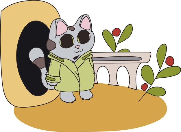 Vector ilustración de un gato gris y una casa de gatos una mascota con una túnica verde en el porche de su casa se ve