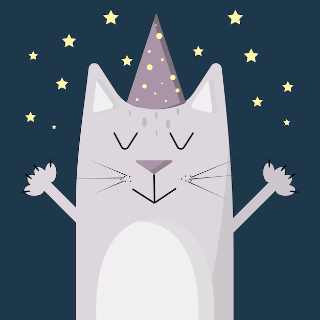 Ilustración de un gato gris con una gorra gato gris sobre un fondo de cielo estrellado