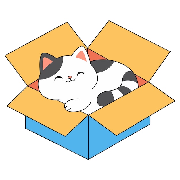 Ilustración de un gato lindo está tendido dentro de una caja