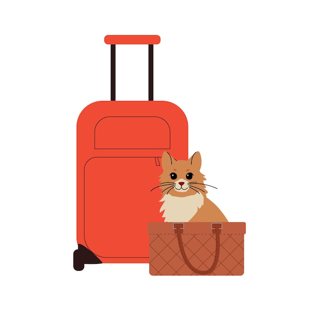 Ilustración de un gato naranja esponjoso sentado en una bolsa de viaje junto a una maleta roja ideal para mascotas