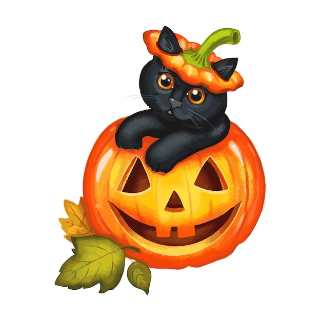 Vector ilustración de gato negro en calabaza en colores brillantes en estilo de dibujos animados para la decoración de halloween