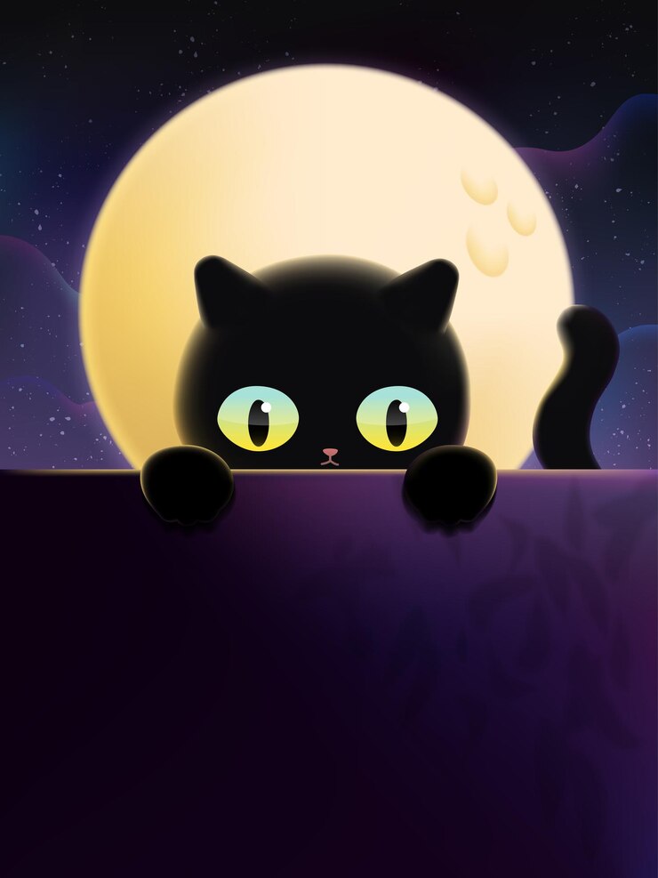 Ilustración de gato negro bajo la luz de la luna