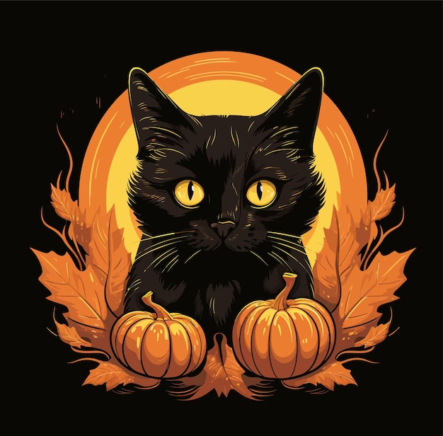 Vector ilustración de un gato negro posando para halloween en la calle misterioso gatito espeluznante de fantasía