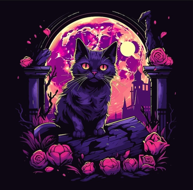 Vector ilustración de un gato negro posando para halloween en la calle misterioso gatito espeluznante de fantasía