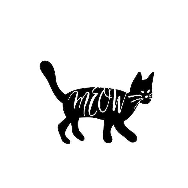 Ilustración de gato negro con texto Miau aislado sobre fondo blanco