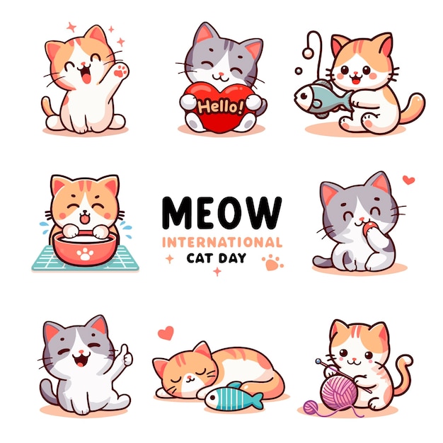 Ilustración de gatos adorables celebrando el Día Internacional del Gato