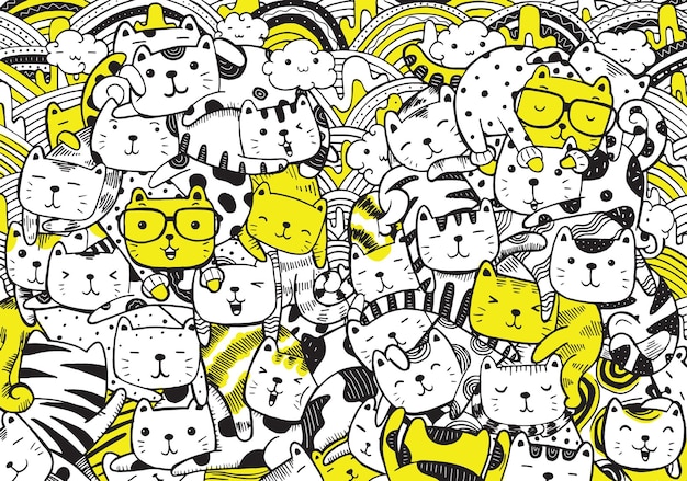 Ilustración de gatos doodle en estilo de dibujos animados