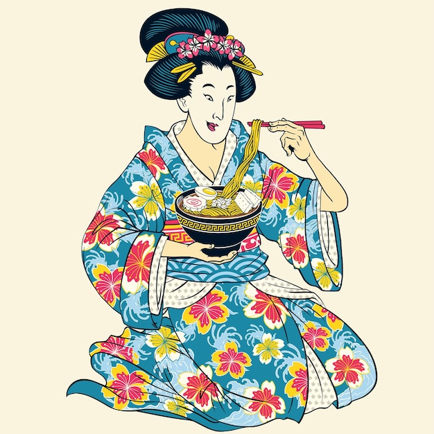 Ilustración de geisha japonesa en kimono comiendo ramen