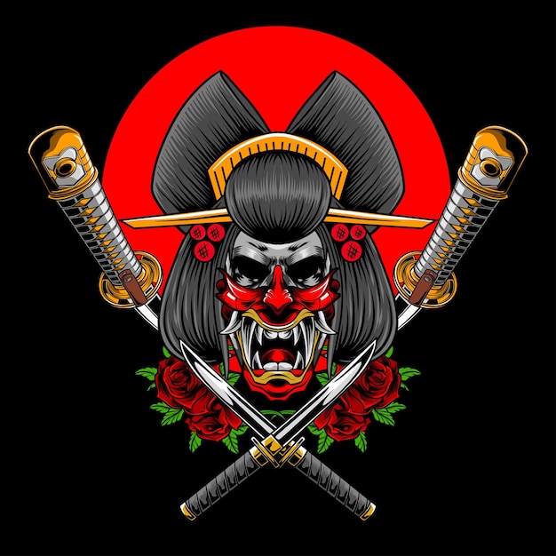 Ilustración de geisha y máscara con vector de stock de calidad premium