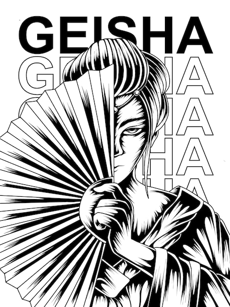Vector ilustración de una geisha sosteniendo un arte de línea de abanico
