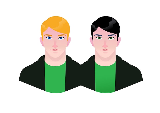 Vector ilustración de gente joven pareja de dibujos animados de hombres hipster avatares de chicos gay rubio y morena