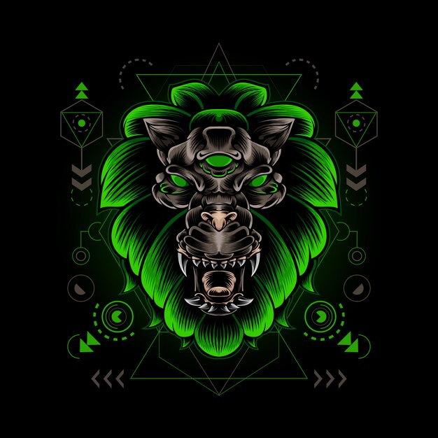 Ilustración de geometría sagrada de monstruo de cabeza de león
